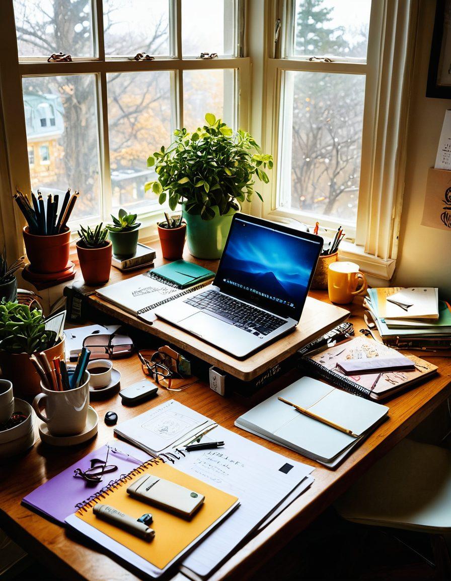 A vibrant workspace filled with colorful notebooks, a laptop displaying a blog post, and art supplies scattered around, symbolizing creativity. Soft sunlight spills through a window, illuminating inspiration boards with sketches and notes. A steaming cup of coffee sits nearby, inviting productivity and reflection. The scene captures the essence of free blogging and digital journaling mastery. super-realistic. vibrant colors. natural lighting.