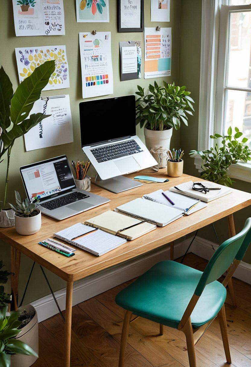 A serene writing desk illuminated by soft morning light, scattered with a laptop, notebooks, and colorful pens. In the background, an inspirational vision board filled with creative ideas and a vibrant plant adds a touch of life. The scene conveys a sense of calm and creativity, enticing aspiring bloggers and journal keepers to dive into their craft. super-realistic. vibrant colors. warm lighting.
