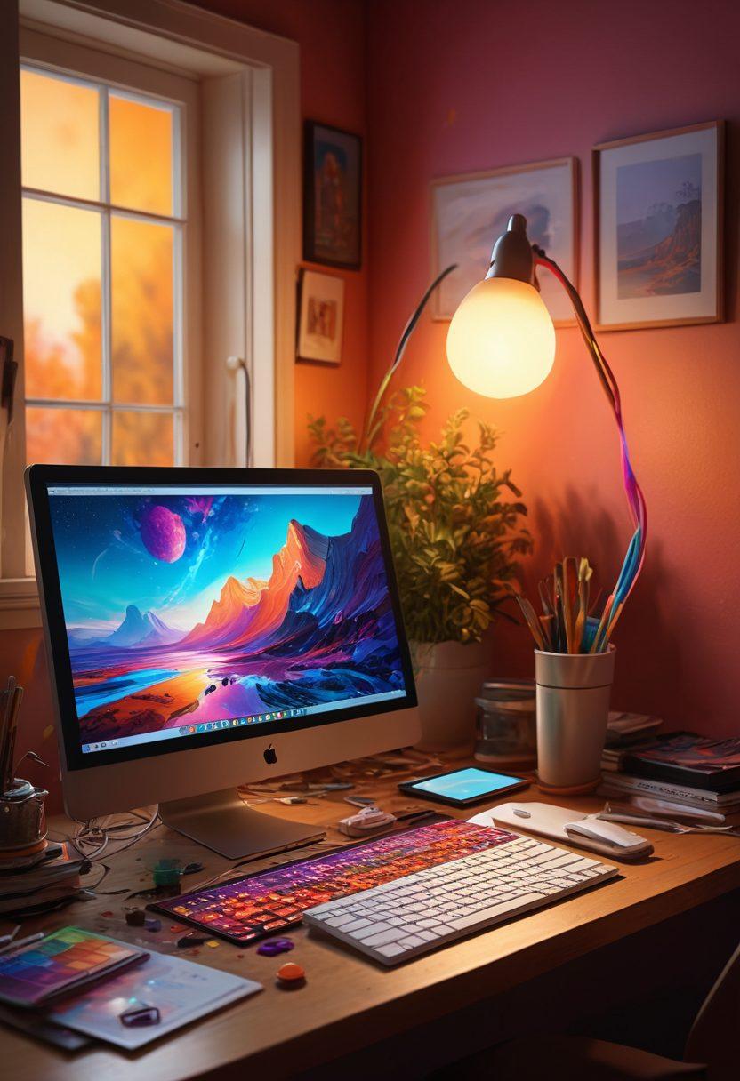 A vibrant digital landscape bursting with artistic tools like paintbrushes, graphic tablets, and colorful palettes, intertwined with abstract representations of creativity such as musical notes, swirling colors, and inventive designs. In the background, a bright, inviting computer screen showcases various free resources for artists. The scene is filled with dynamic energy and expressions of creativity, suggesting an endless flow of ideas. super-realistic. vibrant colors. digital art.